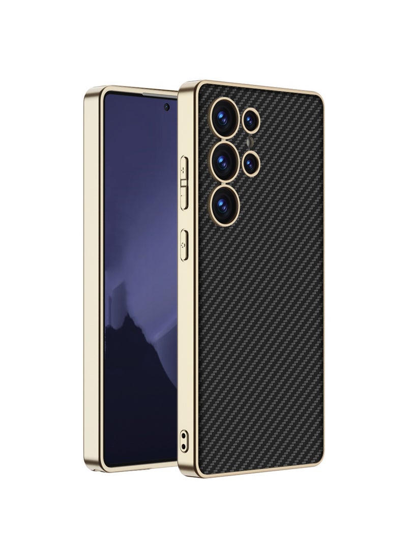 اووكاي جراب جلدي من البولي يوريثان متوافق مع هاتف Samsung Galaxy S25 Ultra، جراب جلدي بنمط ألياف الكربون مع غطاء خلفي واقٍ من مادة TPU من السيليكون لهاتف Galaxy S25 Ultra (ألياف الكربون باللون الأسود) - Image 1