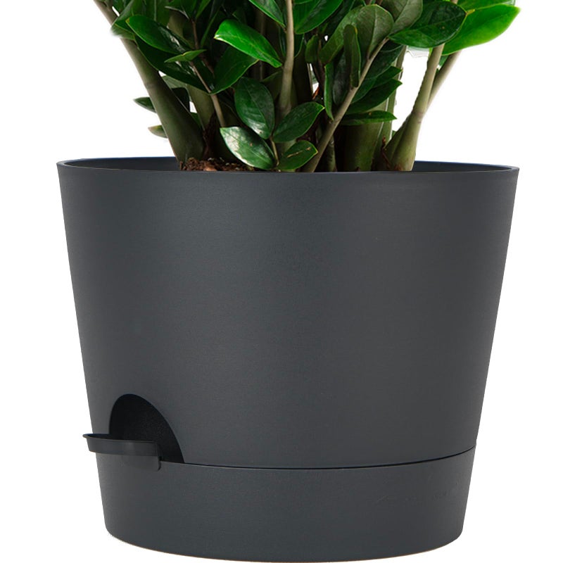 SwinDuck 12inch Large Self Watering Plant Pot Plastic Cylinder Planter with 60Oz Deep Reservoir and Saucer for Indoor Outdoor Plants Flowers Houseplants Black