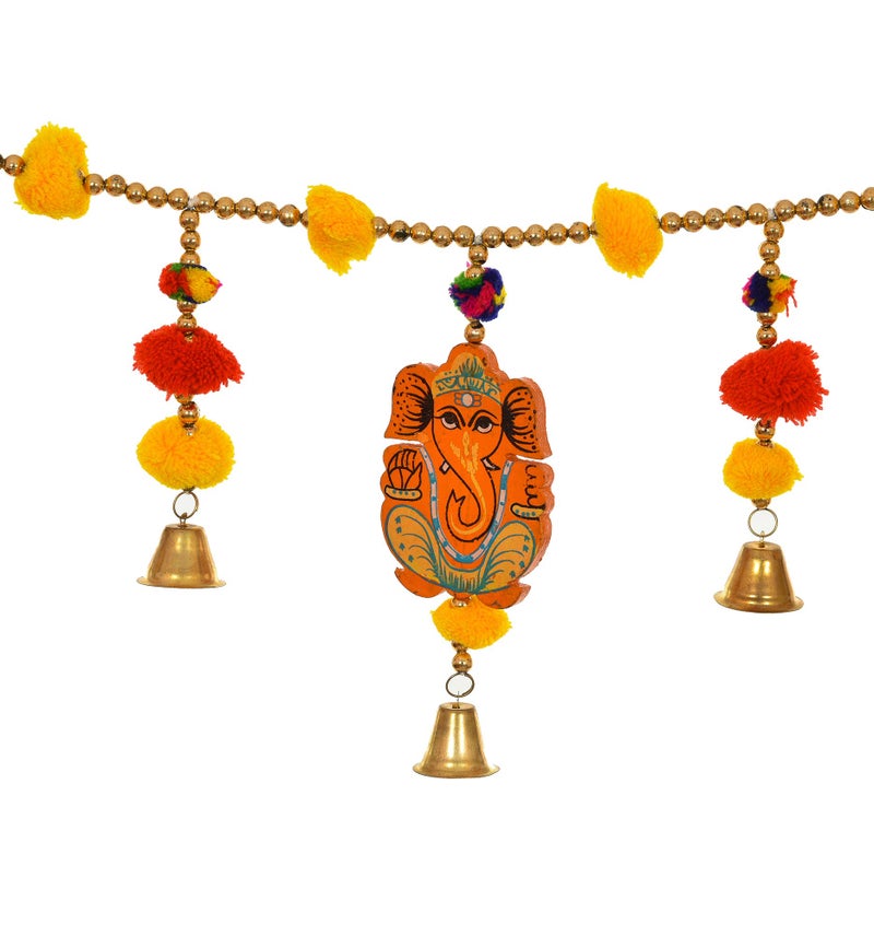 Evisha Pom Pom with Wooden Ganesha Door Hanging Toran Bandhanwar for Diwali Decoration 3 Ft - Image 3