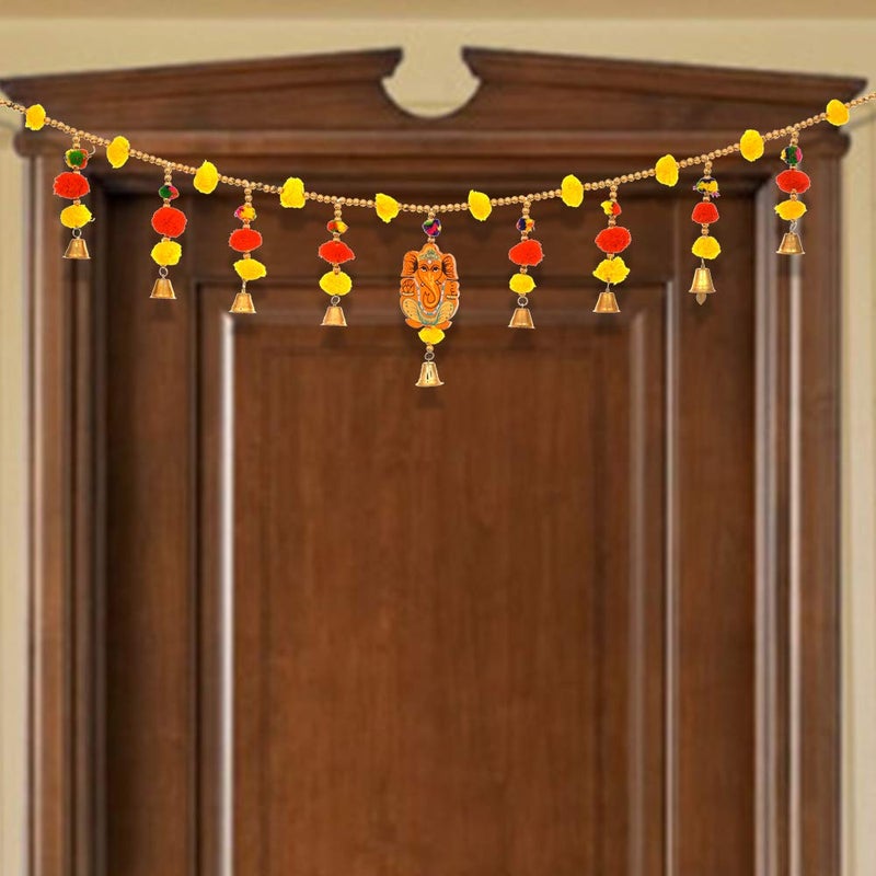 Evisha Pom Pom with Wooden Ganesha Door Hanging Toran Bandhanwar for Diwali Decoration 3 Ft - Image 2