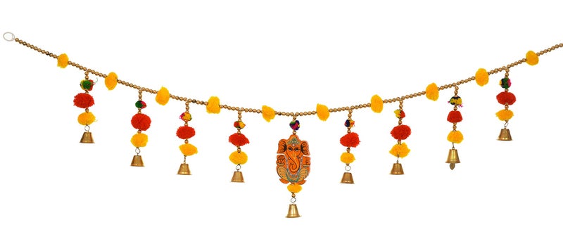 Evisha Pom Pom with Wooden Ganesha Door Hanging Toran Bandhanwar for Diwali Decoration 3 Ft - Image 1