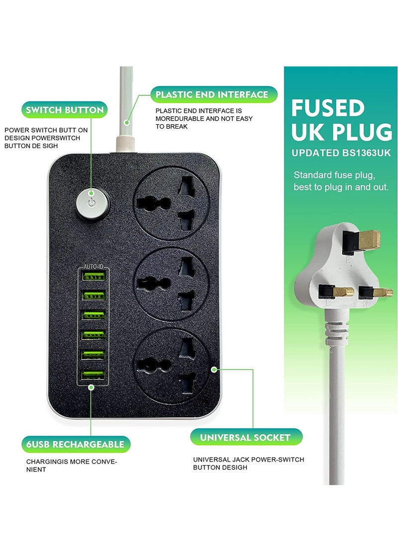 Power Strips Extension Cord 3 Outlets, Power Socket with 6 USB Ports Universal Charging Socket with 2M Bold Extension Cord - Image 3