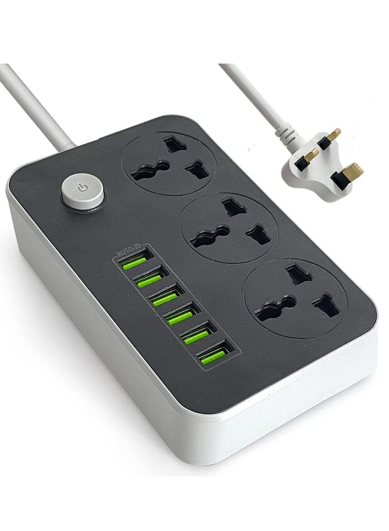 Power Strips Extension Cord 3 Outlets, Power Socket with 6 USB Ports Universal Charging Socket with 2M Bold Extension Cord - Image 1