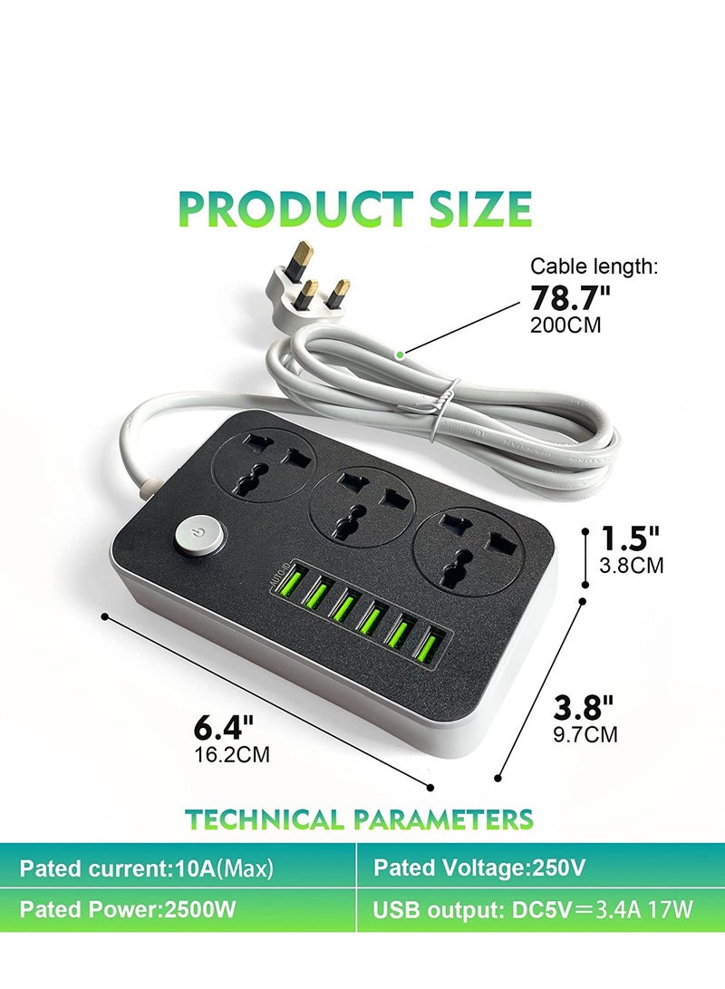 Power Strips Extension Cord 3 Outlets, Power Socket with 6 USB Ports Universal Charging Socket with 2M Bold Extension Cord - Image 4
