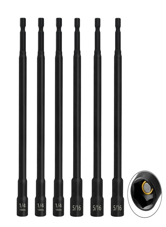 SeonFook 6PCS 6 Inch Long Magnetic Nut Driver Set with 1/4" Hex Shank, SAE 1/4" and 5/16" Impact Power Nut Driver Drill Bit Cr-V Steel Black Manganese Phosphate Coating Impact Drill Driver Bits - Image 1