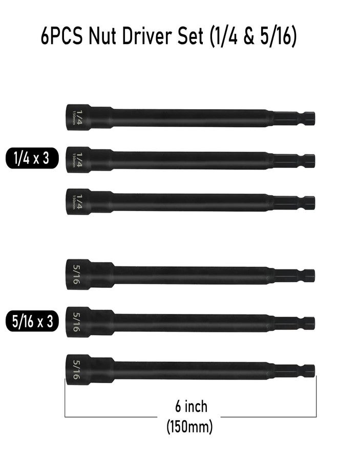 SeonFook 6PCS 6 Inch Long Magnetic Nut Driver Set with 1/4" Hex Shank, SAE 1/4" and 5/16" Impact Power Nut Driver Drill Bit Cr-V Steel Black Manganese Phosphate Coating Impact Drill Driver Bits - Image 2