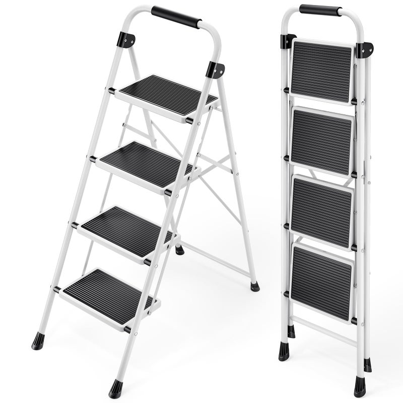KINGRACK Step Ladder 4 Step Folding Step Stool for Adults with Handrails Heavy Duty Steel Sturdy Lightweight Collapsible Portable Step Ladder with Anti-Slip Wide Pedal,White - Image 1