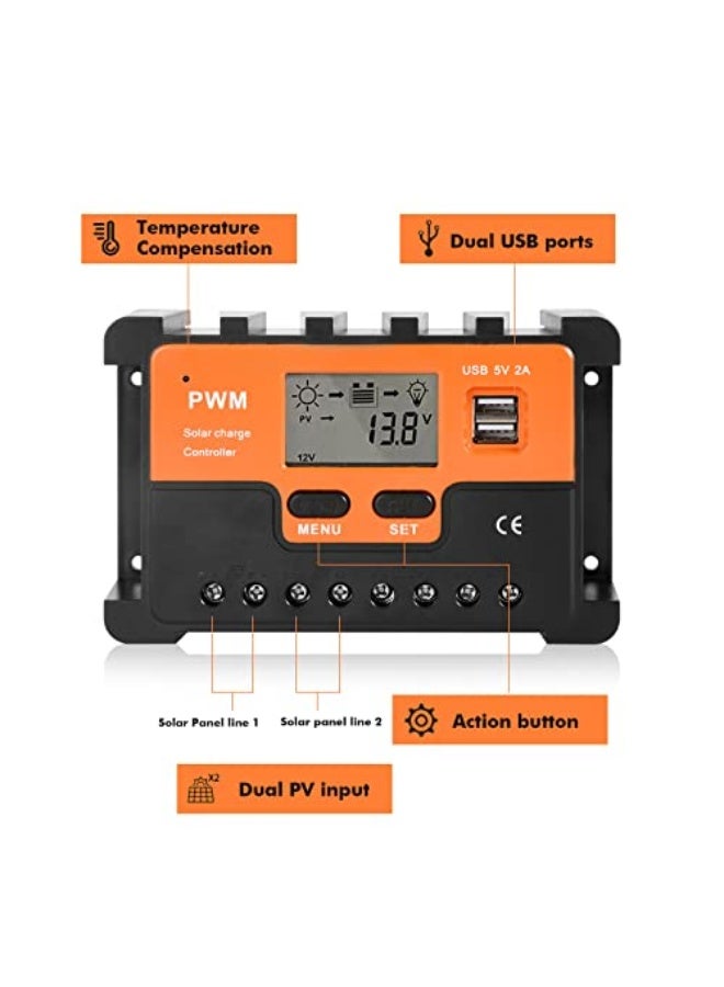 وحدة تحكم بالطاقة الشمسية 12 فولت و 24 فولت، وحدة تحكم شحن لوحة شمسية مزدوجة USB 5 فولت، حماية من التيار الزائد، شاشة LCD، 10 أمبير - Image 4