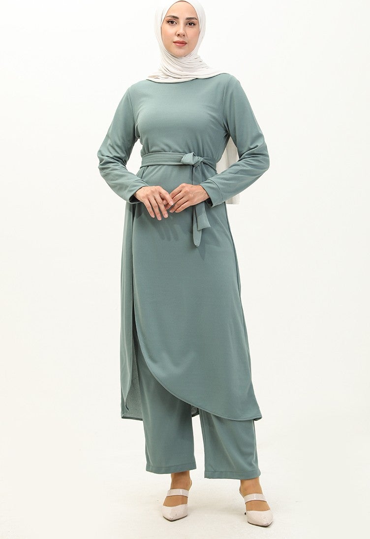 Sefa Merve Slit Tunic Trousers Two Piece Set 0664-06 Mint Green  - Image 2