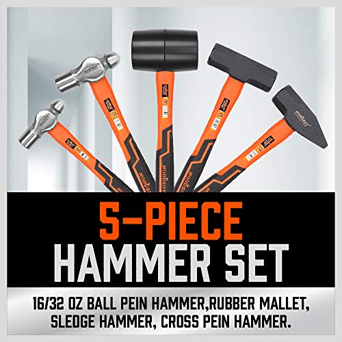 HORUSDY 5-Piece Hammer Set, 16oz and 32oz Ball Pein Hammers, 32oz Rubber Mallet, 3lb Sledge, 3lb Cross Peen Hammer - Image 2