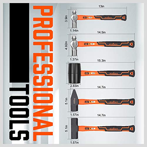 HORUSDY 5-Piece Hammer Set, 16oz and 32oz Ball Pein Hammers, 32oz Rubber Mallet, 3lb Sledge, 3lb Cross Peen Hammer - Image 4