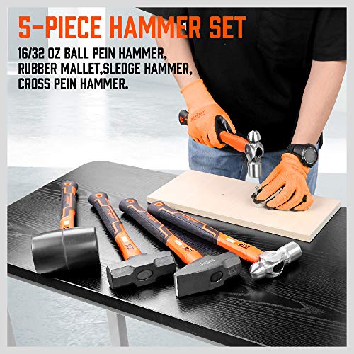 HORUSDY 5-Piece Hammer Set, 16oz and 32oz Ball Pein Hammers, 32oz Rubber Mallet, 3lb Sledge, 3lb Cross Peen Hammer - Image 3