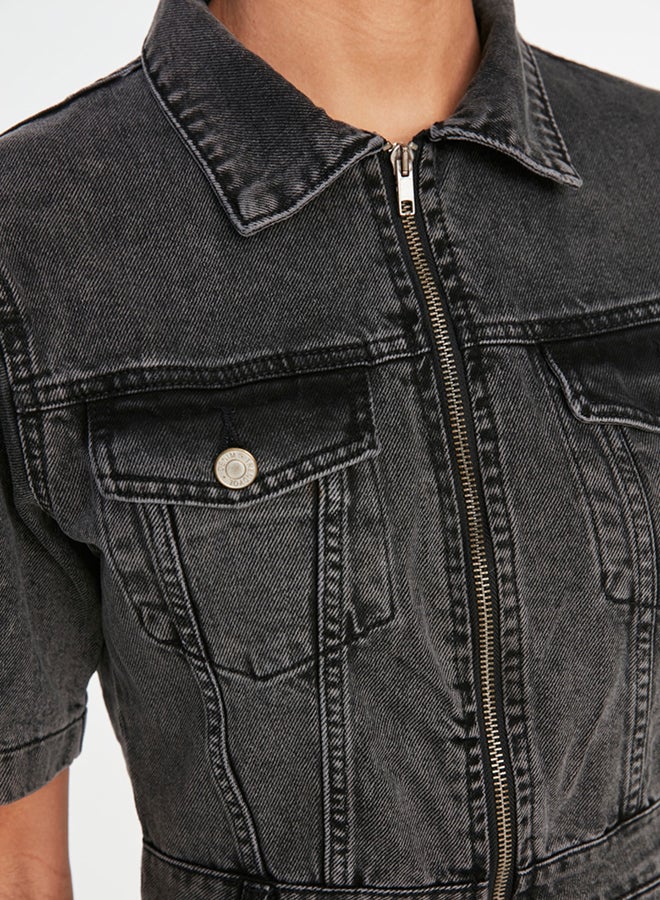 trendyol Anthracite Belt Detailed Zippered Denim Dress  - Image 4