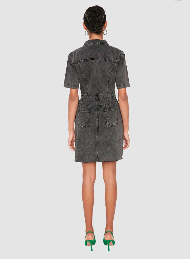 trendyol Anthracite Belt Detailed Zippered Denim Dress  - Image 3