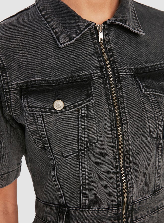 trendyol Anthracite Belt Detailed Zippered Denim Dress  - Image 5
