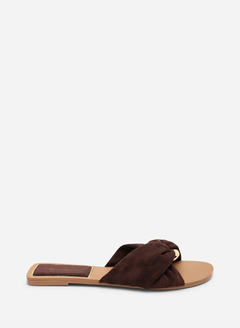 Where's That From Lavina Knot Detail Dark Brown Suede Slide On Sandal