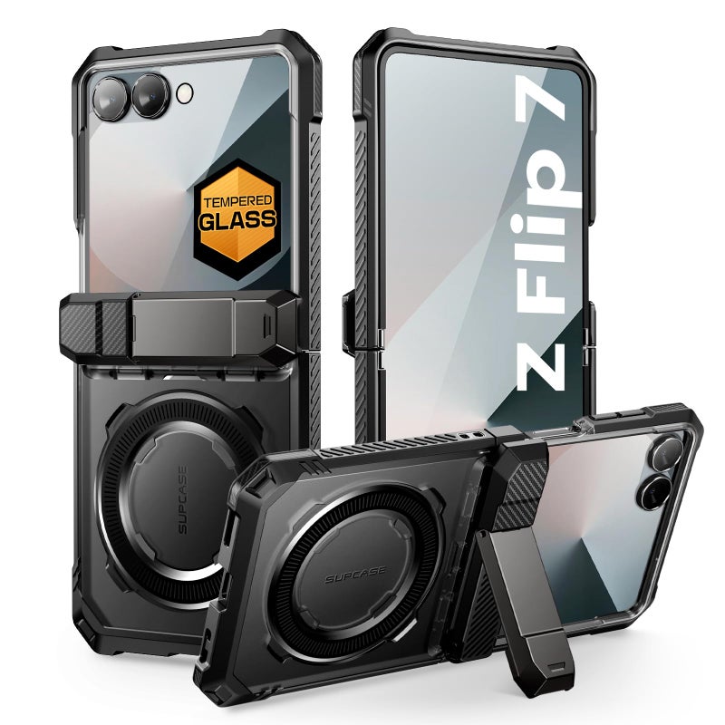 SUPCASE for Samsung Galaxy Z Flip 7 Case with Stand Front Screen Protector Unicorn Beetle Grip Support MagSafe Hinge Protection Full Body MilitaryGrade Translucent Back Phone Cover Black - Image 2