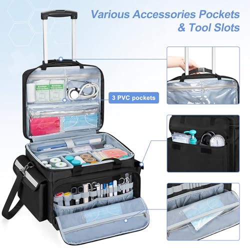 Trunab Medical Bag on Wheels with Detachable Trolley, Rolling Nurse Tote with Removable Dividers, First Responder Bag Empty with Adjustable Shoulder Strap for Nurse, Doctor - Image 2