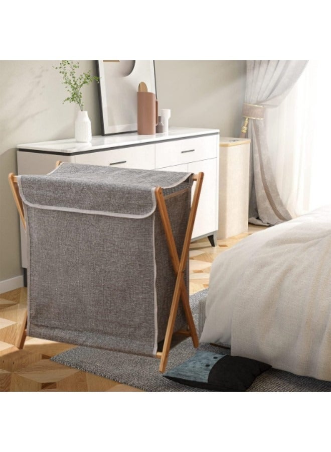 GGEROU Bamboo Laundry Hamper Sorter Cart, Portable and Collapsible Folding Clothes Laundry Basket Storage with Removable Liner Bag,Grey - Image 2