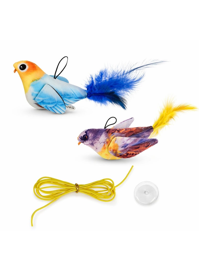 لعبة قطط تفاعلية على شكل طائر مع صوت تغريد واقعي وذيل ريش ناعم، مع خيط مطاطي وقاعدة شفط – أزرق فاتح وبني داكن – قطعتان - Image 1