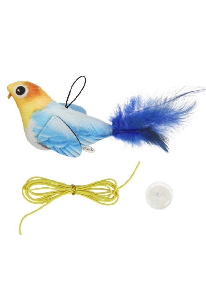 لعبة قطط تفاعلية على شكل طائر مع صوت تغريد واقعي وذيل ريش ناعم، مع خيط مطاطي وقاعدة شفط – أزرق فاتح وبني داكن – قطعتان - Image 2