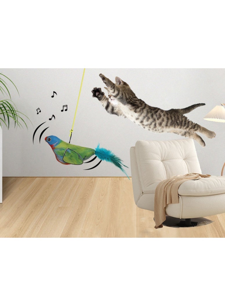 لعبة قطط تفاعلية على شكل طائر مع صوت تغريد واقعي وذيل ريش ناعم، مع خيط مطاطي وقاعدة شفط – أزرق فاتح وبني داكن – قطعتان - Image 5