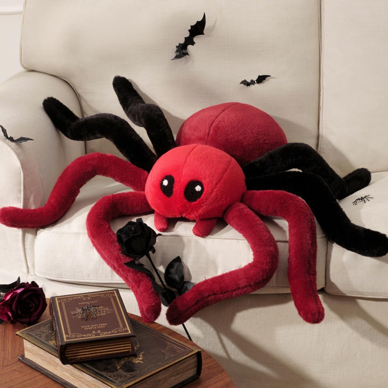 Phantoscope Happy Halloween Spider Shaped Throw Pillow Faux Fur Fluffy Tarantula Shaped Halloween Cushion Pillow Contrast Color with Shapeable Legs for Bedroom Sofa Red 18 x 95 inches