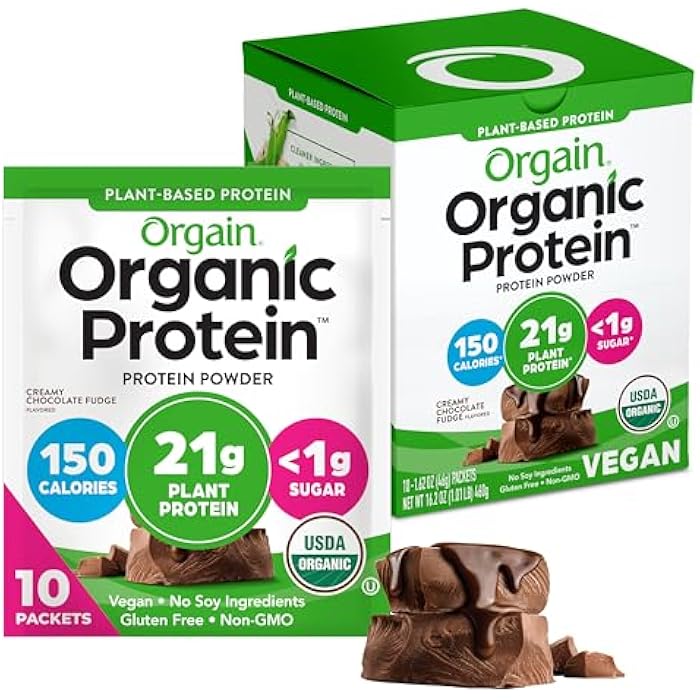 Orgain Organic Vegan Protein Powder, Creamy Chocolate Fudge - 21g Plant Protein, 6g Prebiotic Fiber, Low Carb, No Lactose Ingredients, No Added Sugar, Non-GMO, For Shakes & Smoothies, 10 Travel Packs - Image 1