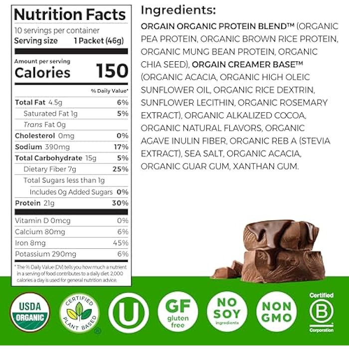 Orgain Organic Vegan Protein Powder, Creamy Chocolate Fudge - 21g Plant Protein, 6g Prebiotic Fiber, Low Carb, No Lactose Ingredients, No Added Sugar, Non-GMO, For Shakes & Smoothies, 10 Travel Packs - Image 2