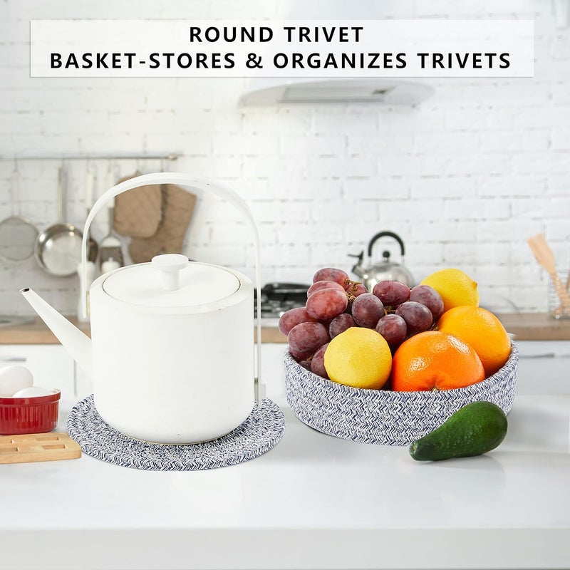 Coga Trivets for Hot Dishes Trivets for Hot Pots and Pans 7 Inchs Hot Pads 5 Pcs and Storage Basket for Countertops Pot Holders for Kitchen Cotton Table Protector Hot Mats Heat Resistant Blue - Image 4