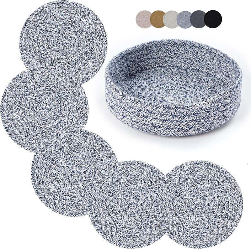 Coga Trivets for Hot Dishes Trivets for Hot Pots and Pans 7 Inchs Hot Pads 5 Pcs and Storage Basket for Countertops Pot Holders for Kitchen Cotton Table Protector Hot Mats Heat Resistant Blue - Image 1