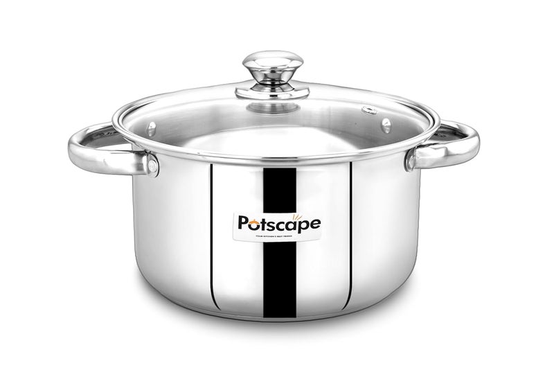 POTSCAPE Pride Stock Pot 24 cm, Capacity 4.9 LTR - Stainless Steel Tri-Ply Base with Glass Lid, Stockpot for Cooking and Serving | Even Heat Distribution | Dishwasher Safe | Induction Gas Compatible - Image 1