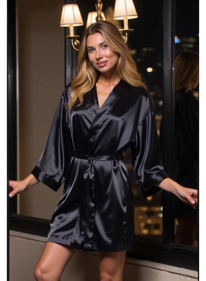 Turquaz Women's Bride Bridesmaids Robe - Satin Kimono Robes for Wedding & Bridal Party Silk Like Lightweight Robes for Women, Black, S - Image 3