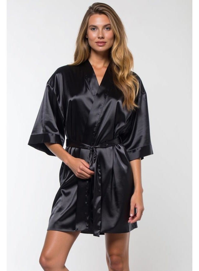 Turquaz Women's Bride Bridesmaids Robe - Satin Kimono Robes for Wedding & Bridal Party Silk Like Lightweight Robes for Women, Black, S - Image 5