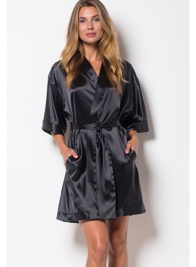Turquaz Women's Bride Bridesmaids Robe - Satin Kimono Robes for Wedding & Bridal Party Silk Like Lightweight Robes for Women, Black, S - Image 2