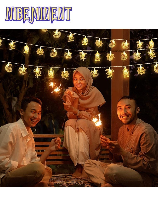 NIBEMINENT 2 Pack 10 ft Moon Star Ramadan String Lights 20 LEDs, Battery Operated Eid Mubarak Fairy Lights for Ramadan Decoration Eid Decorative Lights (Warm White) - Image 2