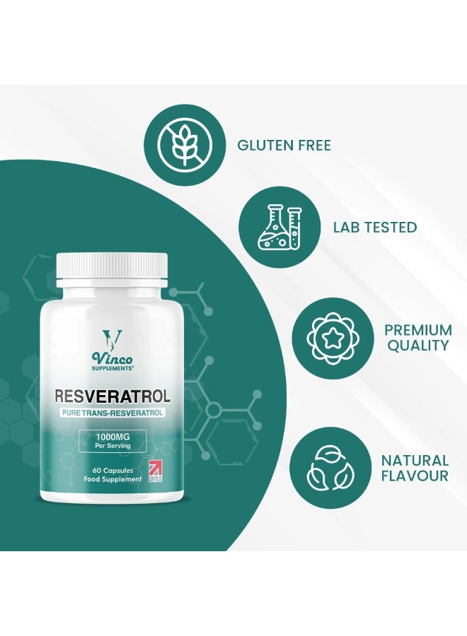Vinco Supplements Resveratrol 1000mg – Supports Skin Health, Collagen & Anti-Aging – 60 Capsules - Image 2