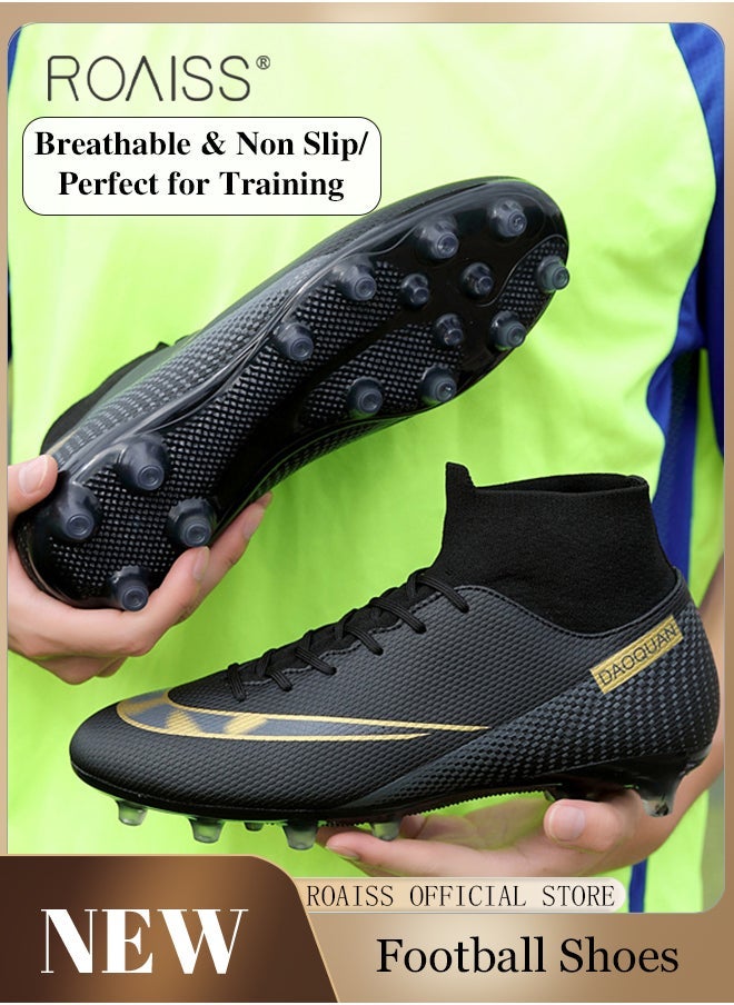 roaiss - Professional Spikes Soccer Cleats for Man Youth High Top Competition Training Shoes Mens Front Lace up Breathable Outdoor Sneakers Athletic Anti Slip Soft Sole Sports Shoes for All Seasons Colorblock Sneakers - Image 1