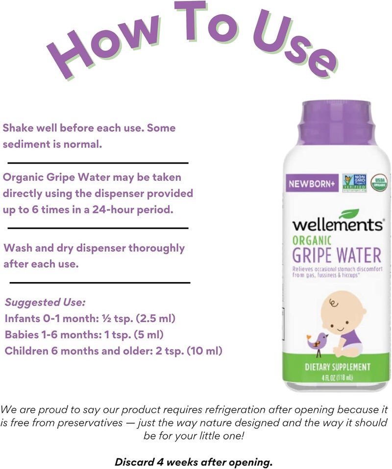 Wellements Gripe Water 4 Fl Oz (Pack of 2) Relieves Occasional Stomach Discomfort from Gas, Fussiness & Hiccups, USDA Certified Organic, Gluten Free & Non GMO, Ages Newborn+ - Image 5