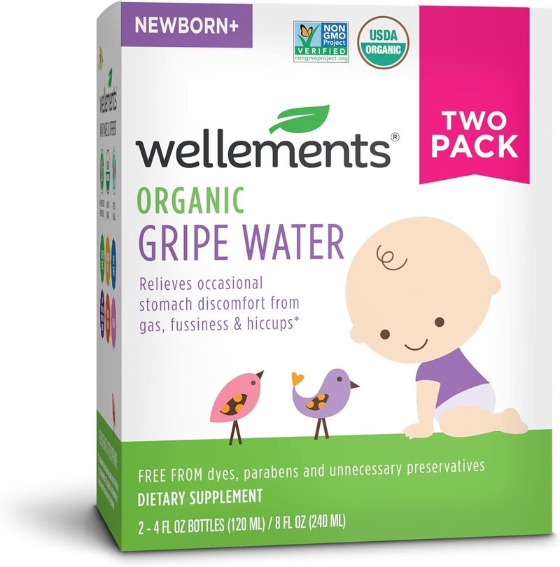 Wellements Gripe Water 4 Fl Oz (Pack of 2) Relieves Occasional Stomach Discomfort from Gas, Fussiness & Hiccups, USDA Certified Organic, Gluten Free & Non GMO, Ages Newborn+ - Image 1