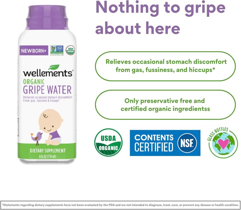Wellements Gripe Water 4 Fl Oz (Pack of 2) Relieves Occasional Stomach Discomfort from Gas, Fussiness & Hiccups, USDA Certified Organic, Gluten Free & Non GMO, Ages Newborn+ - Image 3