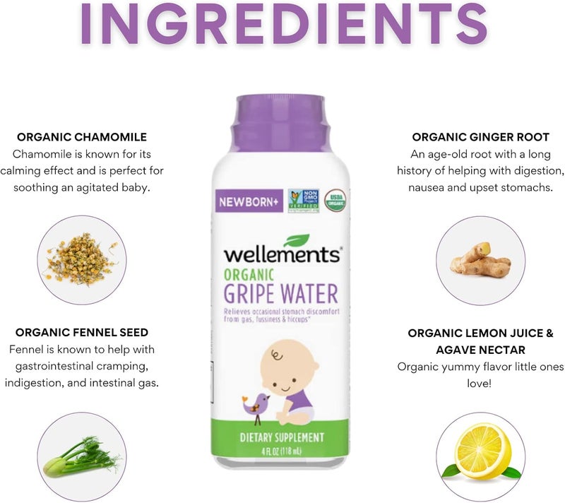 Wellements Gripe Water 4 Fl Oz (Pack of 2) Relieves Occasional Stomach Discomfort from Gas, Fussiness & Hiccups, USDA Certified Organic, Gluten Free & Non GMO, Ages Newborn+ - Image 4