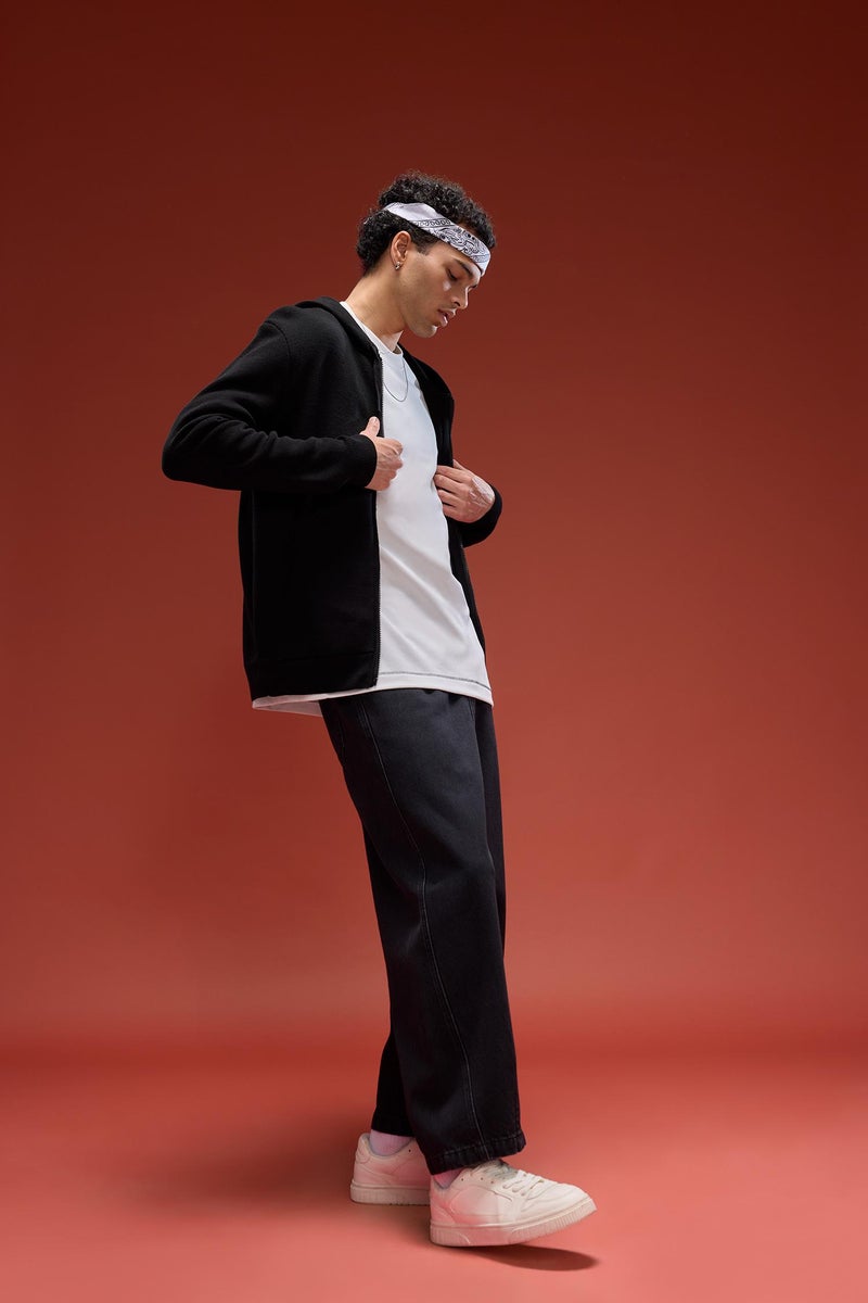 DeFacto Black Man Relax Fit Hooded Knitwear Cardigan Casual - Image 3