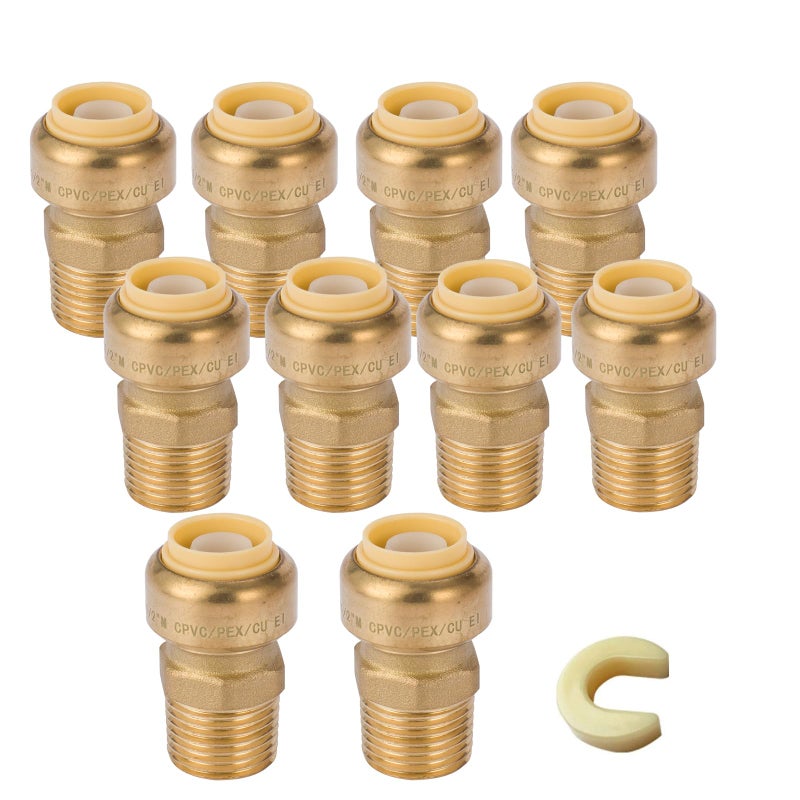 GUOFIS 10 Pack Male Adapter12 Inch Push Brass Male Adapter Fitting with Disconnect Clip PushtoConnect Plumbing Fittings for Copper PEX Pipe CPVCPF021 - Image 2