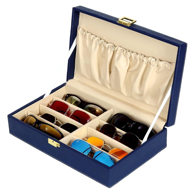 FICO Hard Craft Sunglasses Specs Spectacle Eyewear Goggles Organizer Box Case 8 slots PU Leather Sunglass Shades Holder Cover Pouch Organiser Box For Men and Women (Blue) - Image 1