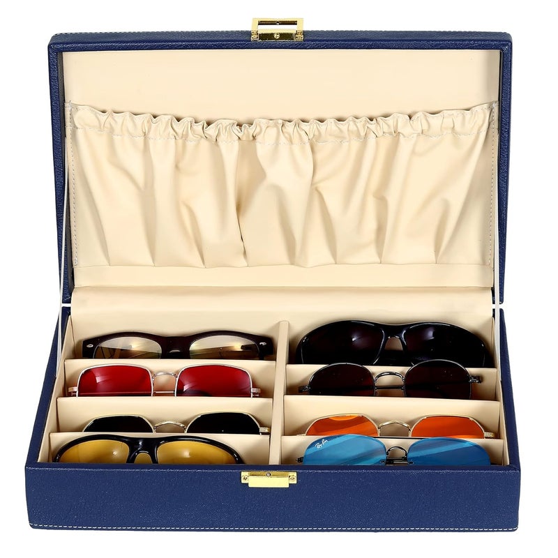 FICO Hard Craft Sunglasses Specs Spectacle Eyewear Goggles Organizer Box Case 8 slots PU Leather Sunglass Shades Holder Cover Pouch Organiser Box For Men and Women (Blue) - Image 4