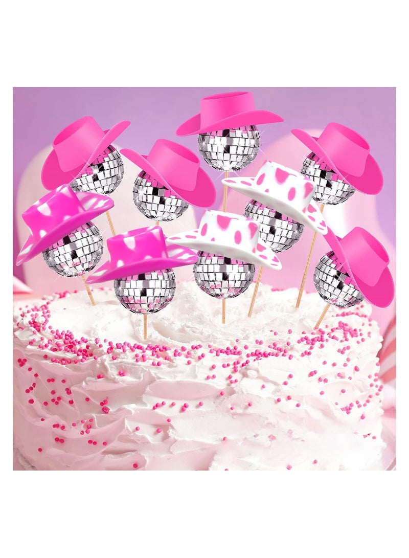 SOLARAE Hot Pink Girl Cake Toppers 20Pcs Disco Cowgirl Cake Decoration,10PCS Disco Ball Cake Toppers,10PCS Mini Cowboy Hat for Crafts Westen Cowgirl Party Birthday Table Decor - Image 2