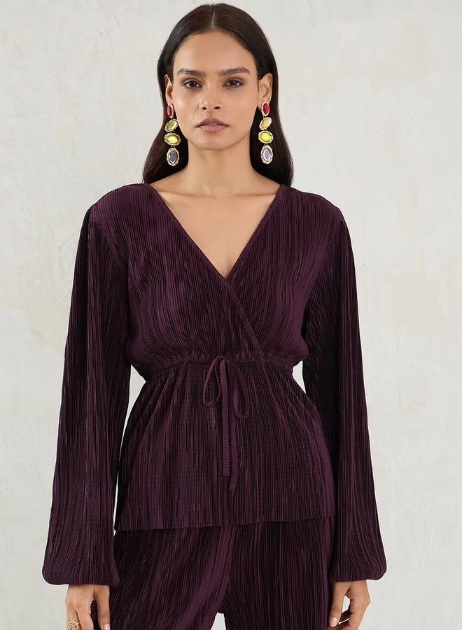 Femmella Wine Balloon Sleeve Plisse Peplum Top