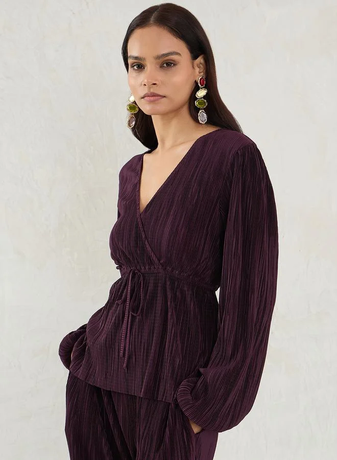 Femmella Wine Balloon Sleeve Plisse Peplum Top