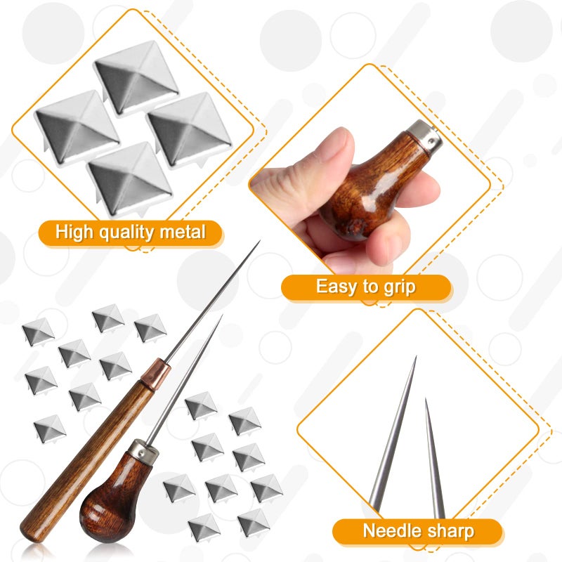SBYURE 500 Pieces 10mm Square Studs for Clothing Silver Pyramid Studs,Four-Jaw Stud Clothing Pyramid Stud with 2 Pack Awl Craft Tool - Image 3
